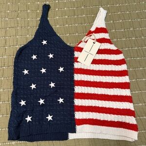 Moon & Madison Red and White American Flag Knit Top